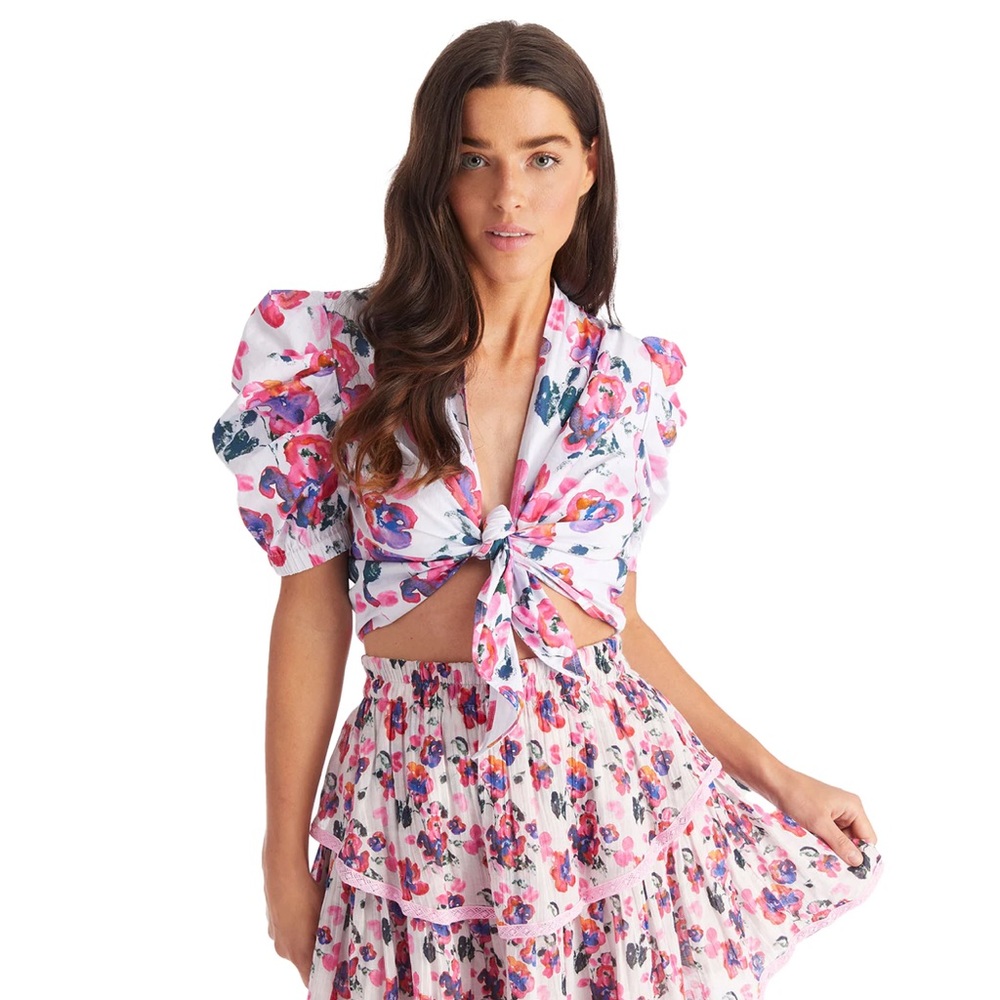 brand new with tag - pink floral puffed sleeves top, ties at front